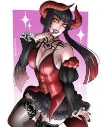 1girls bangs black_hair dangerousbride dress eliza_(tekken) fangs female female_only horns long_hair looking_at_viewer orange_eyes purple_lipstick red_highlights slit_pupils smiling smiling_at_viewer solo stockings tattoo tekken tekken_7 vampire very_high_resolution