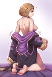 1girls back back_view bare_back barefoot blonde_hair blue_eyes blush coat dark_blonde dark_blonde_hair dirty_blonde dirty_blonde_hair evomanaphy feet female female_only fire_emblem fire_emblem_heroes image kiran_(fire_emblem) kiran_(fire_emblem)_(female) looking_back medium_hair motion_lines naked_coat nintendo nude nude_female sandy_blonde sandy_blonde_hair smile solo undressing