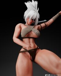 3d big_breasts brown_eyes hips league_of_legends makeup masturbation panties riven swimwear tanned_skin touching_self waist white_hair wicked3dx