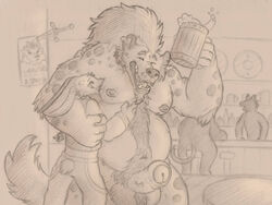 4:3 alcohol anthro anthro_on_anthro armpit_fetish armpit_sniffing balls beer belly beverage bodily_fluids body_hair clothed clothed/nude clothing duo duo_focus erection foreskin fur genitals gnoll group happy hare hi_res hug hyaenid interspecies lagomorph leporid male male/male mammal musclegut muscular muscular_male musk nipples nude overweight overweight_male penis public public_nudity sillywerwolf size_difference sniffing spotted_hyena submissive submissive_male sweat tavern uncut