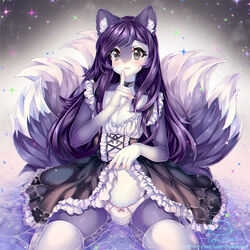 1:1 anthro black_choker blush bow_panties bulge choker clothed clothing clothing_lift countershading digital_media_(artwork) dress dress_lift eyelashes felid feline fur furry_only girly grey_eyes hair hi_res jewelry kneeling legwear long_hair maid_uniform male mammal miko_(snowweaver) multi_tail navel necklace open_mouth panties purple_body purple_fur purple_hair shaded shush signature solo tekahika text thighhighs underwear uniform url white_body white_clothing white_countershading white_fur white_inner_ear_fluff white_legwear white_thighhighs