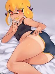 1girls agent_4_(splatoon) ass booty_shorts butt crop_top dat_ass female inkling inkling_girl jtveemo nintendo on_side orange_hair sharp_teeth short_hair short_shorts shorts small_breasts solo splatoon splatoon_2 tan_skin tanline thighs