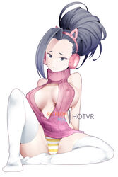 1girls animal_ears backless backless_outfit bangs big_breasts black_eyes black_hair breasts cameltoe cat_ears cleavage clothing covered_nipples erect_nipples fake_animal_ears female female_only hairband hotvr legwear long_hair long_socks momo_yaoyorozu my_hero_academia nipples no_bra panties ponytail pussy revealing_clothes sideboob sitting socks solo sweater thighhighs tied_hair virgin_killer_sweater