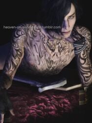 1boy black_hair book choker devil_may_cry devil_may_cry_5 gloves heaven-on-a-landslide_(artist) lying male male_only medium_hair nipples tattoo tattoos v_(devil_may_cry)