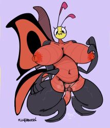 2022 antennae_(anatomy) anthro arthropod arthropod_abdomen best_fiends big_breasts bodily_fluids breasts butterfly crouching dripping fangs female flufflebuzz genital_fluids genitals hands_behind_back hi_res huge_breasts insect_wings insects jojo_(best_fiends) lepidopteran looking_down multi_arm multi_limb navel nipples nude pussy pussy_juice pussy_juice_drip pussy_juice_string solo sweat thick_thighs toony wings