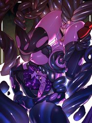 ass cheunchin huge_breasts nude pointy_ears purple_hair purple_skin restrained sex shiny_skin tentacle tentacle_sex thighhighs torn_legwear upside-down vaginal_penetration