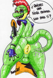 1boy 2020 4_fingers alligator alligatorid animatronic anthro anus ass_focus autopenetration balls bodypaint bracelet crocodilian eyebrows five_nights_at_freddy's five_nights_at_freddy's:_security_breach gay genitals green_balls green_body green_butt green_face green_nose green_tail guitar handwear hi_res looking_back male male_only manly mohawk_(hairstyle) montgomery_gator_(fnaf) mostly_clothed nude open_mouth parasitedeath pecs purple_eyelids red_eyes red_hair reptile robot scalie sharp_teeth short_hair showing_ass smile smiling solo solo_male spiked_bracelet spikes star_glasses tail teeth thick_ass thick_tail video_games white_background