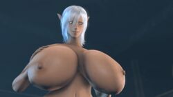 animated blueaurora3 breast_squeeze dark-skinned_female elf elf_ears elf_female female pointy_ears white_hair