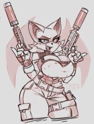 2019 abs anthro armor bare_shoulders belt big_breasts bottomwear breastplate breasts chiropteran cleavage clothed clothing colored_sketch curvy_figure dual_wielding eyelashes female firearm gesture gloves grin gun hair handwear harness holding_object holding_weapon holster hourglass_figure huge_breasts looking_at_viewer mammal muscular muscular_anthro muscular_female pants pinky_out ranged_weapon rouge_the_bat sega short_hair small_waist smile solo sonic_(series) sonic_the_hedgehog_(series) suppressor teeth thick_thighs tongue video_games weapon wings zer0ember