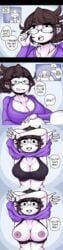 1girls ahoykoi areolae big_breasts breasts brown_hair cleavage clothed clothing dialogue duo female female_focus flashing fully_clothed glasses human jaiden jaiden_animations jaidenanimations koianimations lap_pillow partially_clothed sports_bra story sweater teacher_jaiden text undressing youtube youtuber