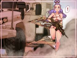 1girls accident assault_rifle boots breasts breasts_out car cheunchin full_body gloves gun long_hair military military_uniform nipple_slip purple_hair running speech_bubble spoken_exclamation_mark standing surprised tearing_clothes torn_clothes vehicle wardrobe_malfunction weapon white_bra