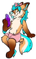 accessory alpha_channel anthro bodily_fluids bottomwear bulge canid canine chibi clothing crossybear_(artist) dildo dildo_lick ears_up fennec fox furry_only girly hair_accessory hair_ribbon hairbow happy hotpants licking male mammal ribbons saliva saliva_string sex_toy shorts smile solo story story_in_description toby_fennec tongue tongue_out underwear