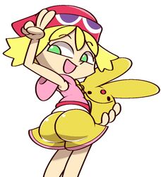 1girls amitie armpits ass ass_focus beanie big_ass blonde_hair carbuncle_(puyo_puyo) hat large_ass looking_back peace_sign puyo_puyo puyo_puyo_fever sega shorts simple_background vilepluff white_background