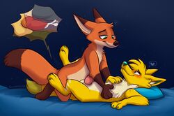 anthro blush bodily_fluids canid canine cum cum_in_ass cum_inside disney duo fox fur gay genital_fluids genitals knot male male/male male_only mammal nick_wilde orlandofox penis yaoi yellow_body yellow_fur zootopia