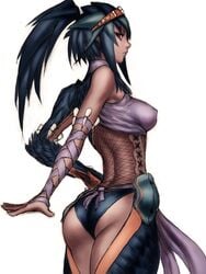 ass black_hair fumio_(rsqkr) monster_hunter nargacuga_(armor) ponytail red_eyes tanned