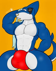 animal_humanoid big_bulge blue_body blue_skin bulge clothing fish fish_humanoid hi_res humanoid mako_(raptorart) male male_only marine marine_humanoid muscular muscular_humanoid muscular_male raptorart shark shark_humanoid solo underwear