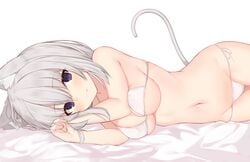 bed breasts cat_ears cat_girl cat_tail female lying memekko nekomata nekomimi original panties purple_eyes skimpy skimpy_clothes string_panties tagme white_hair white_skin