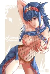 blue_hair clitoris embarrassed hand_on_head medium_breasts midriff monster_hunter nargacuga_(armor) red_eyes