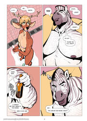 2019 2boys 5_fingers aaron_(falcon_mccooper) anthro anthro_on_anthro ass beard big_penis biped body_hair breast_grab breasts cervid chest_hair comic communal_shower english_text equid equine facial_hair falcon_mccooper felid fingers genitals girly group hi_res humanoid_genitalia humanoid_penis inside jesse_(falcon_mccooper) larger_male lion long_penis male mammal manly medium_breasts muscular muscular_male muscular_thighs nipples nude one_eye_closed pantherine pecs penis plantigrade showering size_difference smaller_male snout straight text wink zebra