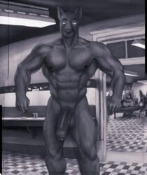 abs ahundred anthro bar biceps canid canine canis domestic_dog foreskin genitals great_dane hi_res male mammal mastiff molosser monochrome muscular muscular_anthro muscular_male muscular_thighs partially_retracted_foreskin penis solo tiled_floor uncut vein veiny_penis