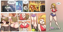 1girls 2020 blonde blonde_hair breast_expansion breasts brown_hair cleavage comic comic_page english english_text female female_only hair_bun huge_breasts long_hair notzackforwork short_shorts shorts solo solo_female transformation transformation_sequence weight_loss wide_hips