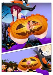 anal_gape anal_object_insertion anus bats bodypaint candies commission copykat copykatcomics erza_scarlet fairy_tail halloween halloween_costume moon pleated_skirt pumpkin pumpkin_butt red_hair skirt witch_costume witch_hat