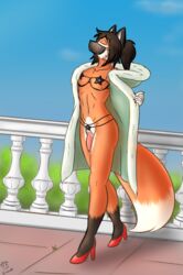 anthro black_hair canid canine clothed clothing crossdressing emoti face_mask footwear fox fur furry_only genitals hair high_heels june lingerie male mammal nude orange_body orange_fur penis presenting shoes solo