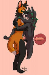 anthro arms_around_shoulders blush canid canine closed_eyes dipstick_tail duo erection female female_penetrated fox genitals hand_on_butt hand_on_head hi_res highlights_(coloring) holding_another inner_ear_fluff knot knotting legs_around_partner male male_penetrating male_penetrating_female mammal maned_wolf multicolored_tail narrowed_eyes neck_tuft penetration penis pussy redfeatherstorm sex smile smirk spread_legs spreading standing standing_sex straight tongue tongue_out tuft vaginal_penetration