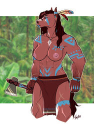 2020 3:4 5_fingers abs accessory anthro axe bodypaint bone_necklace bottomwear bracelet breasts brown_body brown_fur brown_hair clothed clothing day digital_media_(artwork) draft_horse edit equid equine eyebrows feather_in_hair feathers female female_only fingers fur hair hair_accessory hi_res holding_object holding_weapon horse jewelry jungle kenneth_(sosya142) loincloth long_hair mammal markings melee_weapon multicolored_body multicolored_fur muscular muscular_anthro muscular_female necklace nipples outside photo_background plant signature solo solo_focus sosya142 standing tomahawk topless topless_female tribal tribal_markings two_tone_body two_tone_fur weapon white_body white_fur