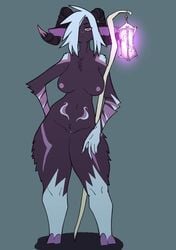 2020 absurd_res anthro areola belly biped bovid breasts caprine female fingers fur genitals goat hair hi_res holding_object hooves horn lantern looking_at_viewer mammal markings multicolored_body multicolored_fur navel nipples nude pussy rtr simple_background solo staff standing thick_thighs wide_hips