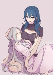 2020 artist_name bare_arms blue_eyes blue_hair bow breast_grab breast_sucking breast_sucking_through_clothes breasts byleth_(fire_emblem) byleth_(fire_emblem)_(female) cleavage_cutout closed_eyes clothed clothing dress edelgard_von_hresvelg erect_nipples erect_nipples_under_clothes eyebrows_visible_through_hair fire_emblem fire_emblem:_three_houses full_body grey_background hair_between_eyes hair_ribbon half-closed_eyes head_grab head_rest highres large_breasts long_hair looking_at_another matching_hair/eyes medium_breasts nintendo puffy_sleeves ribbon sidelocks silver_hair simple_background sitting smile sweat tears teeth thighs very_long_hair watermark yokozuwari yudepan_(yuri_no_sugata) yuri