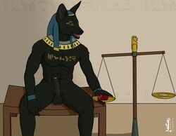 absurd_res ancient_egypt anthro anubis canid canine canis deity egyptian_mythology erection feathers genitals heart_(organ) hi_res hieroglyphics jackal male male_only mammal middle_eastern_mythology muscular mythology offering_to_viewer penis scale tachaal tattoo