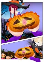 anal_gape anus bats commission copykat copykatcomics erza_scarlet fairy_tail female halloween halloween_costume moon painted pumpkin pumpkin_butt red_hair witch_costume witch_hat