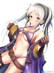 1girls belt bikini blush breasts brown_gloves clear_glass_(mildmild1311) collarbone female fire_emblem fire_emblem_awakening fire_emblem_heroes gloves highres long_hair long_sleeves navel nintendo o-ring o-ring_bikini o-ring_top off_shoulder purple_bikini robe robin_(female)_(summer)_(fire_emblem) robin_(fire_emblem) robin_(fire_emblem)_(female) simple_background solo stomach swimsuit twintails white_background white_hair wide_sleeves yellow_eyes