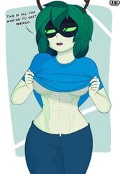 1girls abs adventure_time breasts clothed dialogue female female_only flashing green_eyes green_hair green_sclera green_skin horns huntress_wizard kath_hawkins leaf_hair looking_away midriff navel shirt_lift solo text toned toned_female underboob