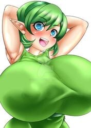 1girls alternate_breast_size big_breasts blue_eyes breasts female green_hair huge_breasts large_breasts nipples_visible_through_clothing ocarina_of_time saria sirat111 solo the_legend_of_zelda