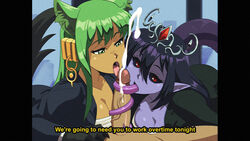 1boy 2girls 2girls1boy animal_ears anubis_(monster_girl_encyclopedia) apophis_(monster_girl_encyclopedia) black_sclera blowjob boy cleavage clothed_female_nude_male collaborative_fellatio cooperative_fellatio cum cumshot dialogue dirtyero_(artist) earrings egyptian_mythology ejaculation fake_screenshot fellatio female female_focus girl girl_finishing green_eyes green_hair half-closed_eyes licking_penis long_tongue male monster_girl monster_girl_encyclopedia office office_lady open_mouth oral penis pillarbox pointy_ears purple_hair purple_skin purple_tongue red_eyes retro_artstyle straight subtitled tail tan_skin teamwork text tiara tongue_around_penis tongue_out tongue_wrap tonguejob vhs_filter