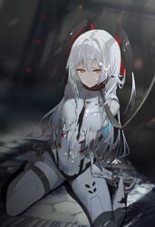 1girls armor asa_ni_haru bodysuit broken_armor cum cum_on_body cum_on_hair female long_hair luna_(punishing:_gray_raven) medium_breasts punishing:_gray_raven robot_girl solo torn_clothes white_hair