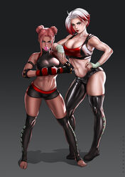 2020 2girls abs asymmetrical_legwear breasts bubble bubble_(dandon_fuga) bubble_gum cleavage dandon_fuga dark-skinned_female dark_skin double_bun female female_only hand_wraps looking_at_viewer mole_under_mouth muscular muscular_female original original_character pink_hair red_hair rose_(dandon_fuga) two_tone_hair white_hair yellow_eyes