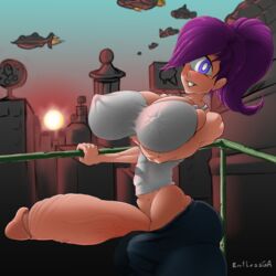 1futa blush dickgirl entlessga futanari futurama huge_breasts huge_cock muscles pink_hair presenting purple_eyes solo solo_futa sunset tank_top turanga_leela