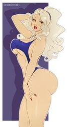 1girls ass big_ass big_breasts breasts cleavage dat_ass female female_only kokobuttz large_breasts margaret_(persona) megami_tensei nail_polish one-piece_swimsuit persona persona_4 red_nail_polish red_nails solo swimsuit thick_thighs white_hair wide_hips yellow_eyes