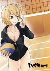 1girls blonde_hair brown_eyes cleavage haikyuu!! side_ponytail tagme thighs volleyball yachi_hitoka zipper zipper_down