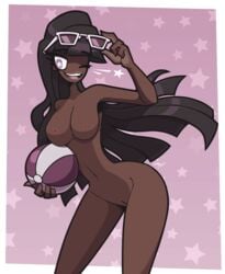 1girls artist_signature beach_ball black_hair breasts dark-skinned_female dark_skin edit eyewear_on_head female glasses_on_head lipstick long_hair naked nipples notyoursagittarius nude oc open_mouth purple_eyes pussy solo sunglasses sunglasses_on_head vagina wink winking winking_at_viewer