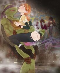 1boy 1girls absurd_res animal_genitalia animal_penis anonymous_artist anthro april_o'neil april_o'neil_(tmnt_2012) ass breasts butt_focus clothed clothing donatello duo female female_on_anthro genitals hi_res human human_on_anthro interspecies male male_on_human mammal mask muscular ninja nipples penis reptile scalie straight teenage_mutant_ninja_turtles teenager topless turtle warrior young