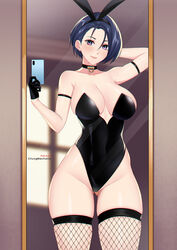 1girls artist_name bare_shoulders bare_thighs big_thighs blue_hair breasts bunny_girl bunnysuit choker chungmechanic collar collarbone female female_only fire_emblem fire_emblem:_three_houses fishnet_legwear fishnet_stockings fishnets gloves highres large_breasts looking_at_viewer mirror mirror_selfie nintendo phone pink_eyes playboy_bunny purple_hair reflection self_shot selfie shamir_nevrand short_hair smartphone smile solo