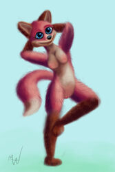 anthro baley belly big_ears big_feet blue_eyes breasts brown_body brown_ears brown_fur canid canine feet female fox fox_tail frilly fur genitals hands_behind_head hi_res mammal modestwold nipples pussy raised_leg red_body red_fox red_fur solo white_belly white_body white_cheeks white_fur