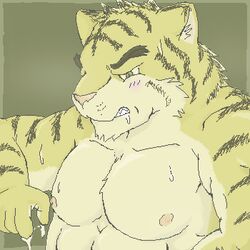1:1 2006 anthro barazoku blush bodily_fluids cum cum_on_hand digital_media_(artwork) felid furry_only genital_fluids humanoid_hands kemono low_res male male_only mammal nipples oekaki pantherine solo tiger unknown_artist