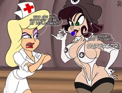 2girls animaniacs animaniacs_(2020) big_breasts blonde_hair blue_eyes breasts brown_hair cleavage curvy curvy_figure dialogue english_text eyeshadow female female_only fur_hat green_eyes hello_female_medical_professional hello_nurse hourglass_figure huge_breasts lipstick lollipop makeup malevolentnsfw malevolentsamsonnsfw midriff navel purple_lipstick red_lipstick skimpy_clothes skimpy_nurse text thick_thighs tongue_out warner_brothers wide_hips