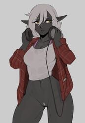 arbuzbudesh bare_legs belly_button bottomless cleavage dark-skinned_female dark_elf dark_grey_body drow elf elf_ears fit flannel going_commando gray_skin grey_body grey_skin half_naked headphones long_ears navel no_panties nopan pink_bra pointy_ears pubic_hair shirt tank_top thick_thighs white_hair white_pubic_hair yellow_eyes