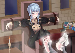 1girls artist_request blue_hair blush bondage brown_eyes cross dress feet fire_emblem fire_emblem:_three_houses foot_fetish garreg_mach_monastery_uniform indoors laughing light_blue_hair marianne_von_edmund medium_hair nintendo one_eye_closed restrained short_hair smell smelly_feet solo_focus sweatdrop tickling tied_to_cross trembling